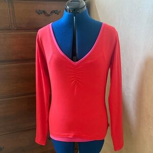 Vintage Oilily Orange Ruched Fitted Top with pink cami.